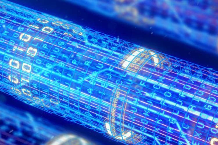 Eine stilisierte Glasfaserleitung mit transparent durchschimmernden Daten