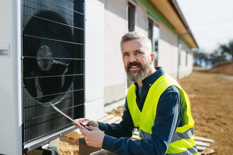 Techniker prüft eine Wärmepumpe für ein großes Neubauprojekt