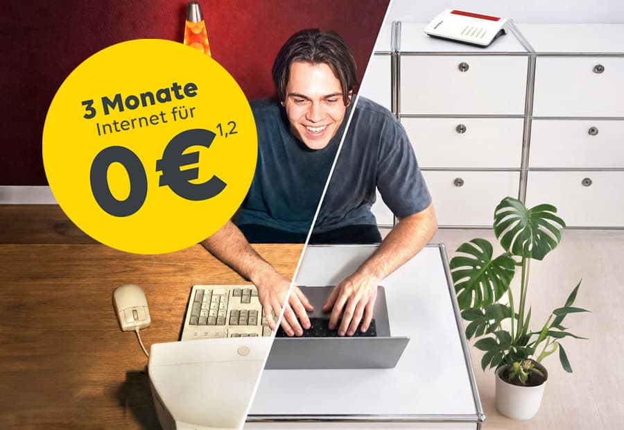 Eine Person am PC (links) bzw. am modernen Laptop (rechts), darüber ein Störer: 3 Monate Internet für 0 €