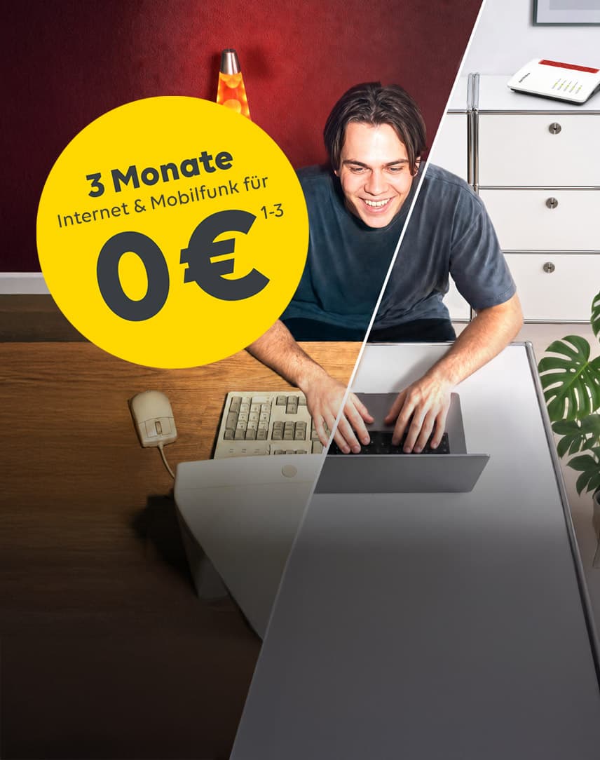 Eine Person am Schreibtisch, daneben ein Störer mit dem Text: 3 Monate Internet & Mobilfunk 0 €