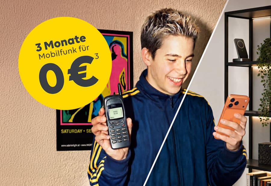 Eine Person mit altem Handy (links) bzw. modernem Smartphone (rechts), darüber ein Störer: 3 Monate Mobilfunk für 0 €