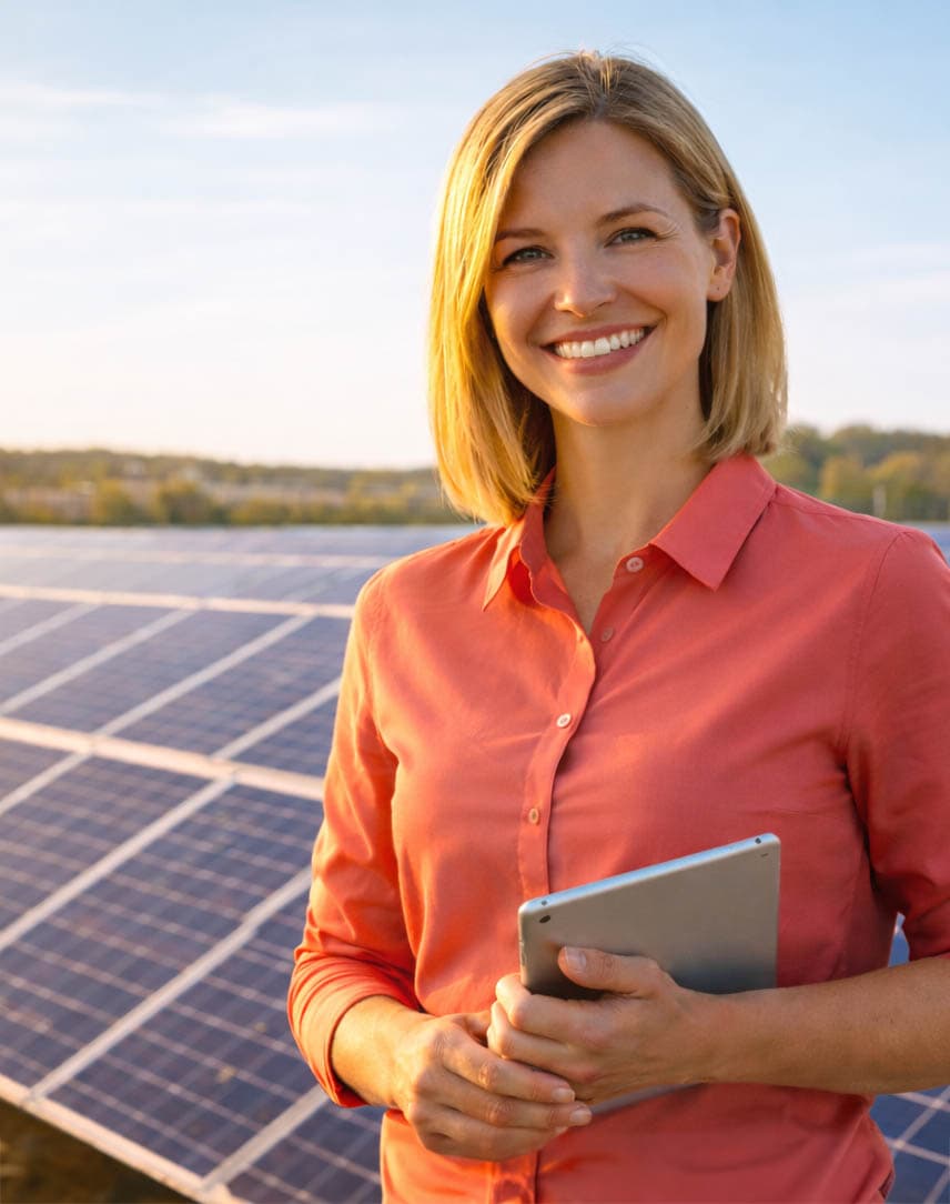 Eine lächelnde Frau mit Tablet steht vor einer PV-Freiflächenanlage, die Sonne scheint.