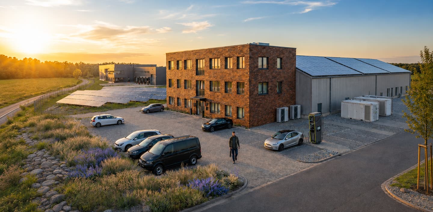 Ein Unternehmensgebäude, neben dem u. a. eine Halle, PV-Module, Batteriespeicher, Wärmepumpen, E-Ladesäulen, geparkte Autos sowie ein Mitarbeiter mit Aktentasche zu sehen sind.