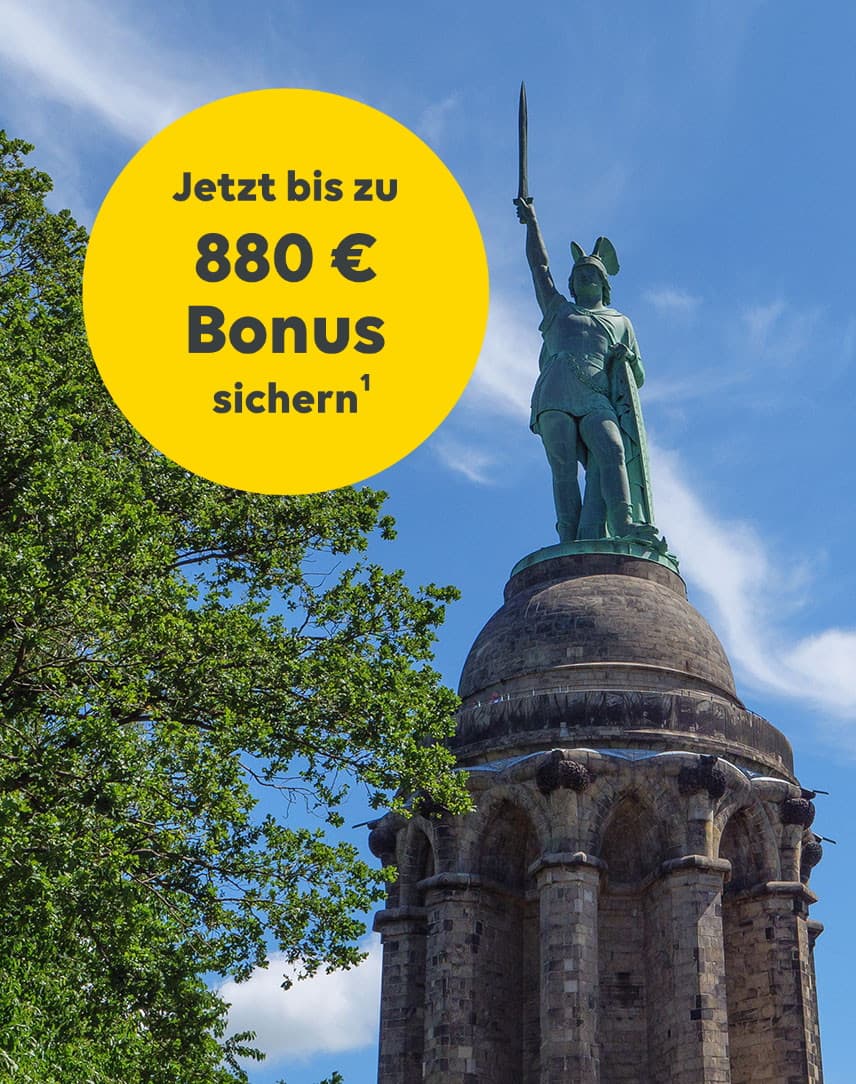 Hermannsdenkmal in Ostwestfalen-Lippe, in einem gelben Kreis wird auf den Aktionsbonus hingewiesen