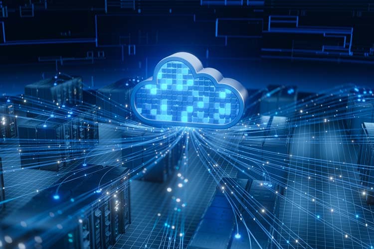 Ein grafisch erstellter Serverraum in dunkelblauem Licht, in dem dem Datenleitungen von Servern zu einer digitalen Wolke laufen