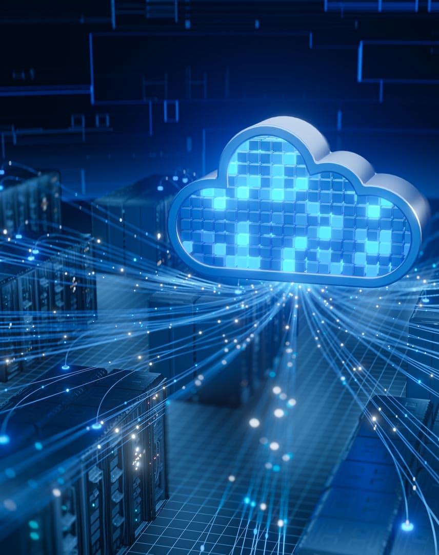 Ein grafisch erstellter Serverraum in dunkelblauem Licht, in dem dem Datenleitungen von Servern zu einer digitalen Wolke laufen