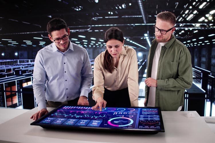 Drei MitarbeiterInnen stehen in einer großen Serverhalle an einem Bildschirm mit Cockpit-Übersicht