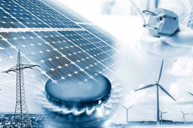 Strommasten, Stromstecker, Windräder, Thermostat, Gasflamme und PV-Module