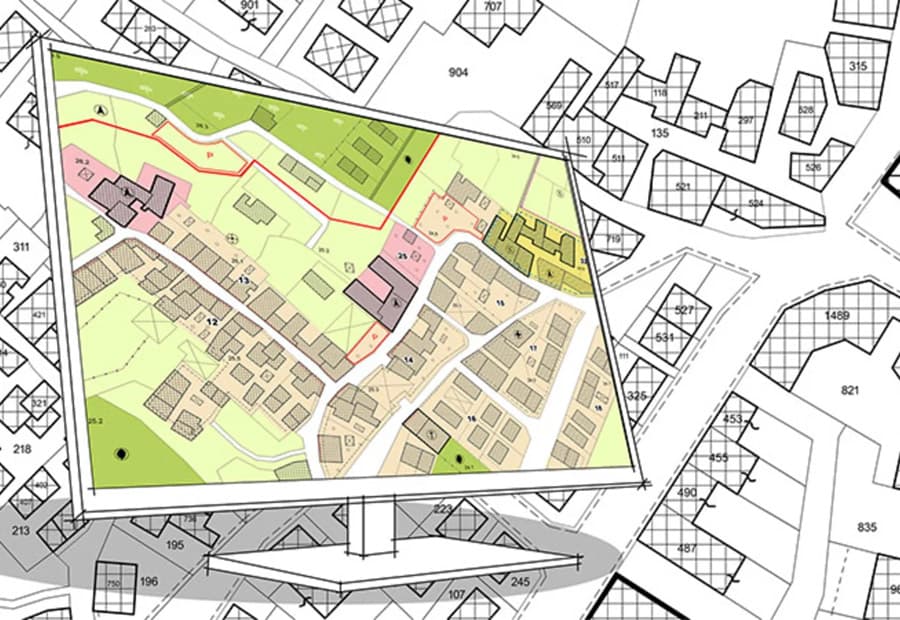 Ein stilisierter Bildschirm auf einer Liegenschaftskarte