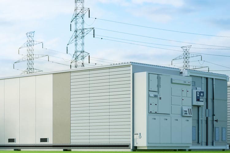 Ein Batteriespeicher auf grüner Wiese, im Hintergrund Strommasten