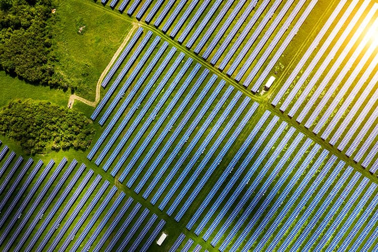 Eine große Freiflächen-PV-Anlage aus der Luft