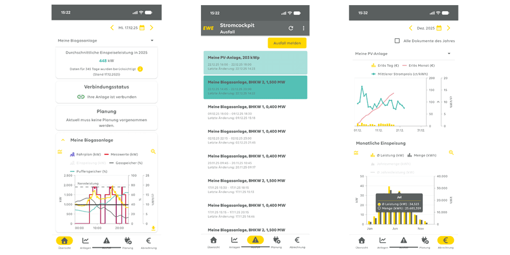 3 Screens der mobilen EWE Direktvermarktungsapp
