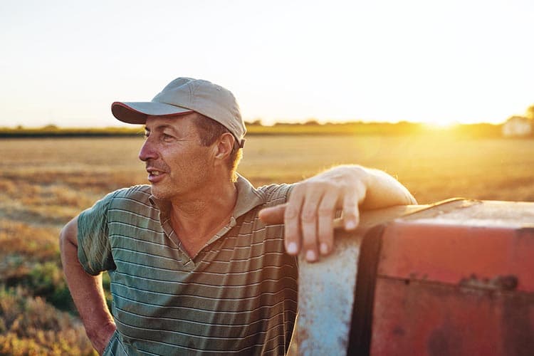 Ein Landwirt stützt sich auf seinen Traktor und guckt über ein sonnendurchflutetes Feld.