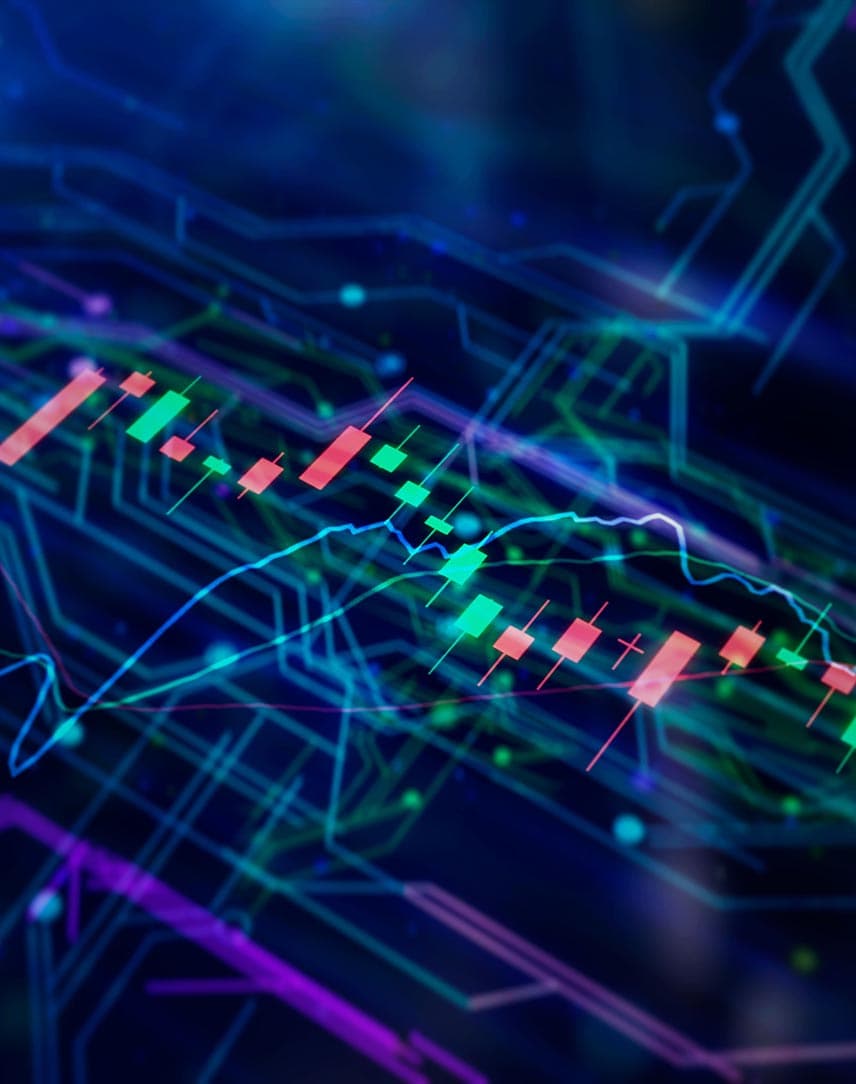 Farblich leuchtende, stilisierte Börsenkurse