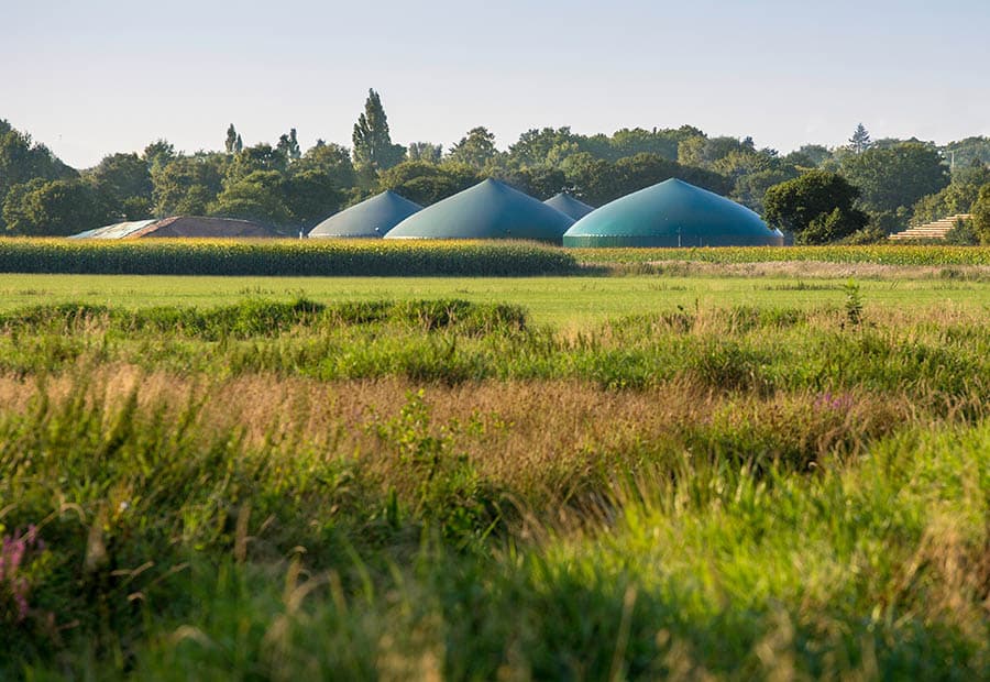 Eine Biogasanlage, davor ein grünes Feld
