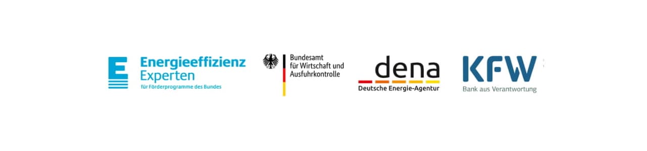 Logos von Kooperationen: Energieeffizienz Experten, BAFA, dena, KfW