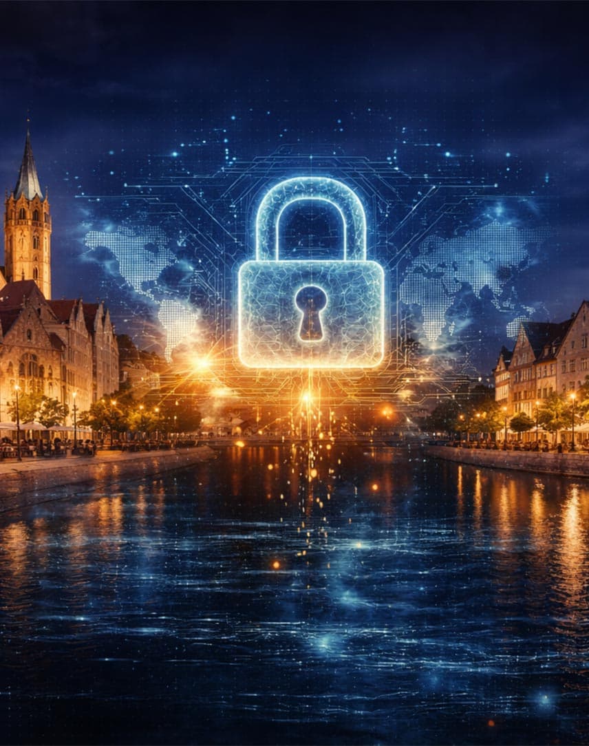 Eine Stadtsilhouette bei Nacht, davor ein stilisiertes hellblaues Vorhängeschloss