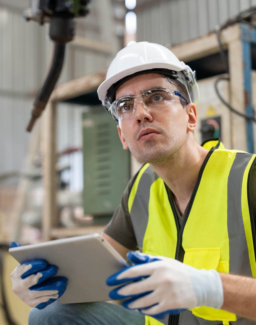 Ein Mann mit Schutzkleidung und Tablet guckt sich eine Maschine in einer Fertigungshalle an.