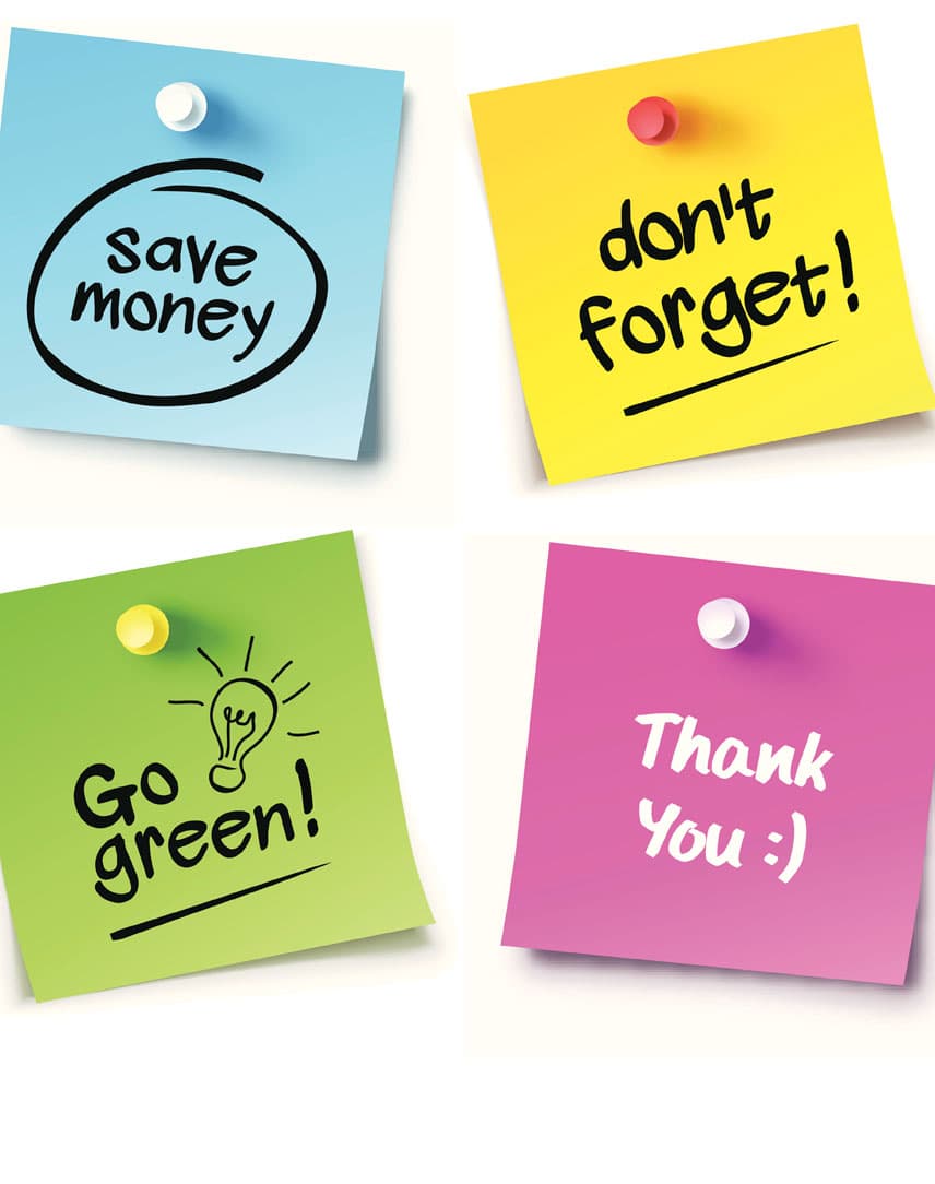Vier Post-its in verschiedenen Farben mit den Textteilen: Don't forget, save money, go green, thank you!