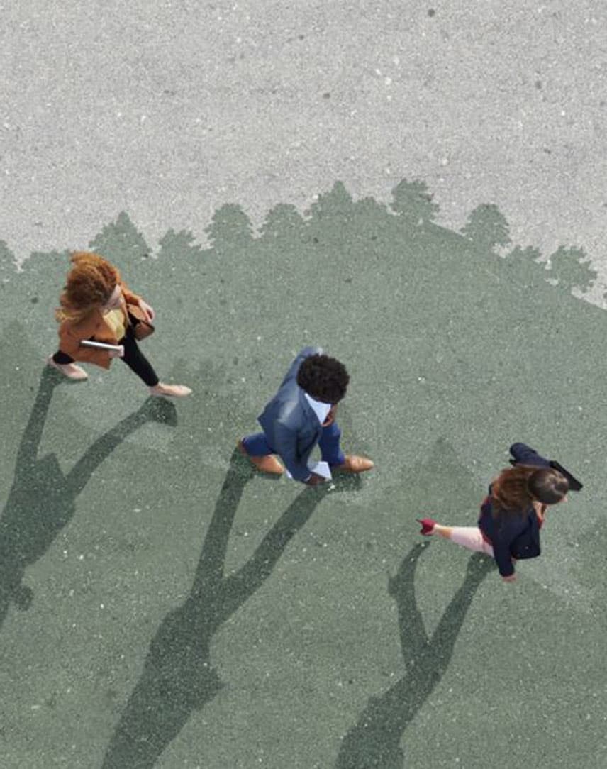 Ein stilisiertes Bild von grünen Hügeln, über die Menschen gehen