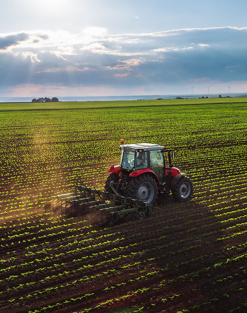 Luftaufnahme eines Traktors auf einem Kultivierungsfeld im Frühling