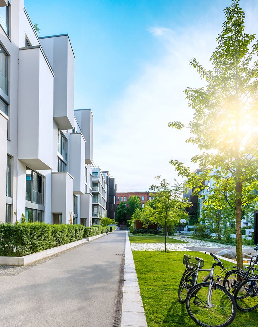 Eine Siedlung mit einem Weg, Bäumen, Fahrrädern und im Hintergrund die Sonne