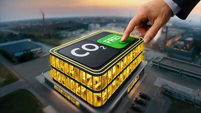 Ein erleuchtetes Gebäude aus der Luft bei Nacht, das von einer Hand aus der Luft im Anzugärmel berührt wird, auf dem Dach steht CO2-frei