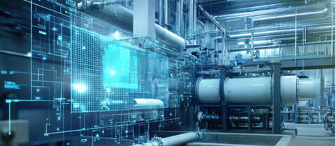 Eine Abwasser-Anlage von innen mit stilisierter digitalen Datenflüssen in Hellblau.