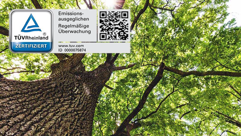 Ein Wald, davor ein TÜV Rheinland-Siegel