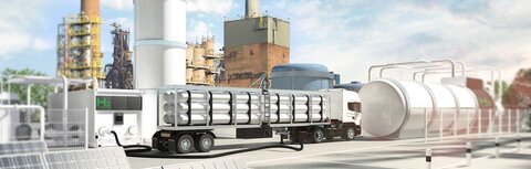 Wasserstoff mit EWE business Ein LKW mit Rohrleitungen vor einer Fabrik mit Wasserstofftank und Elektrolyseur, im Vordergrund PV-Module