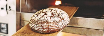 Bäckerei Heins Ein Brot, das auf einem Brett aus dem Ofen geholt wird