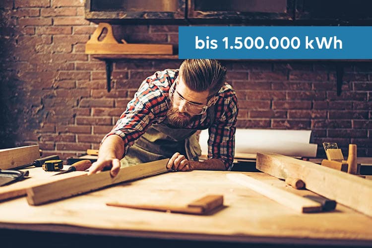 Ein Tischler im karierten Hemd bei der Arbeit an seiner Werkbank, darüber ein Hinweis: bis 1.500.000 kWh