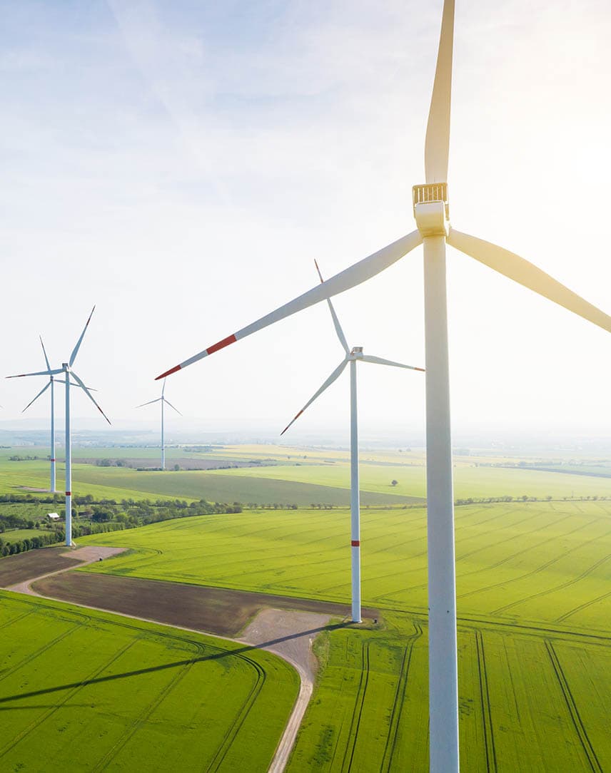 Windräder bei blauem Himmel und Sonnenschein auf grünen Wiesen