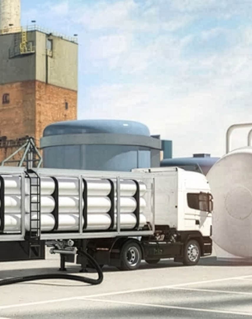 Ein moderner LKW, der auf einem Betriebsgelände mit Wasserstoff betankt wird