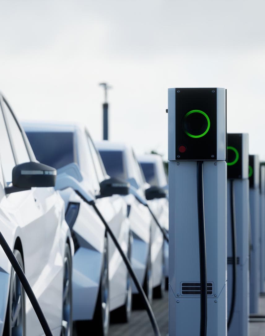 Eine weiße Fahrzeugflotte an E-Ladestationen