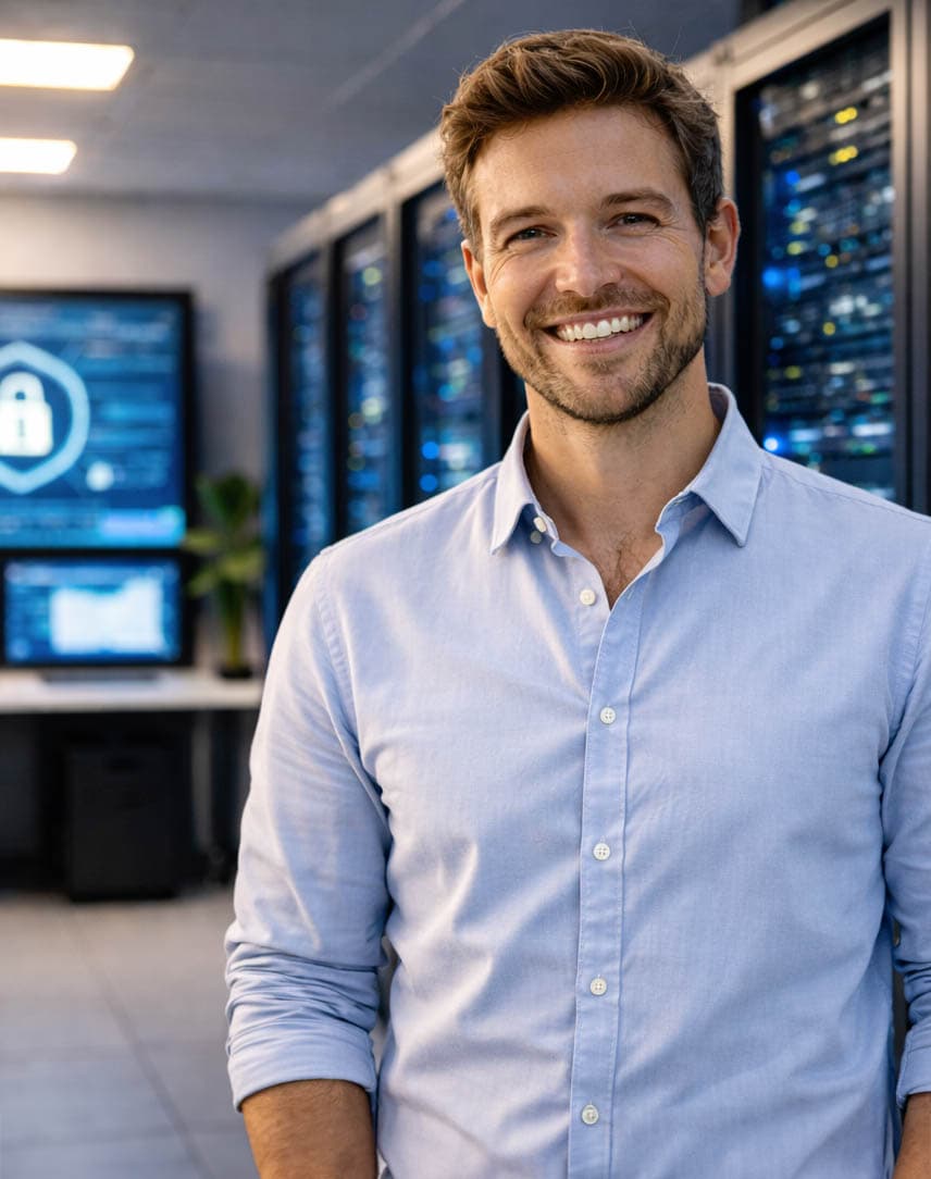 Ein Mann im blauen Hemd steht lächelnd vor Serverschränken, im Hintergrund Bildschirme mit einem symbolischen Sicherheitsschloss und einer Person auf einem Bürostuhl.