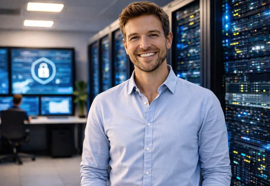 Ein Mann im blauen Hemd steht lächelnd vor Serverschränken, im Hintergrund Bildschirme mit einem symbolischen Sicherheitsschloss und einer Person auf einem Bürostuhl.