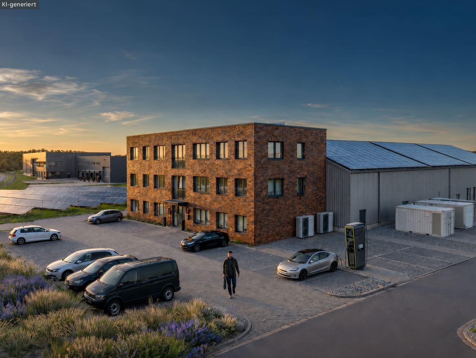 Ein Unternehmensgebäude, neben dem u. a. eine Halle, PV-Module, Batteriespeicher, Wärmepumpen, E-Ladesäulen, geparkte Autos sowie ein Mitarbeiter mit Aktentasche zu sehen sind.