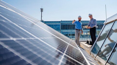 Photovoltaik für Unternehmen Zwei PV-Experten unterhalten sich auf einem Hallendach über die dort installierten PV-Module