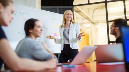 Beratung zu grünen Lösungen Eine blonde Frau erläutern einer Gruppe etwas vor einem Whiteboard.