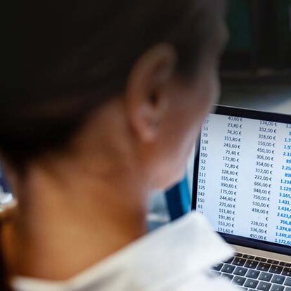 Standortvernetzung Zwei Personen betrachten eine Zahlentabelle auf einem Laptop.