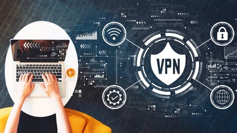 IT-Sicherheit für das Home Office Ein Laptop von oben, das bedient wird, sowie Icons zum Thema VPN