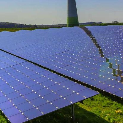 Photovoltaik für Unternehmen Eine PV-Anlage auf einer grünen Wiese, im Hintergrund eine Windenergieanlage